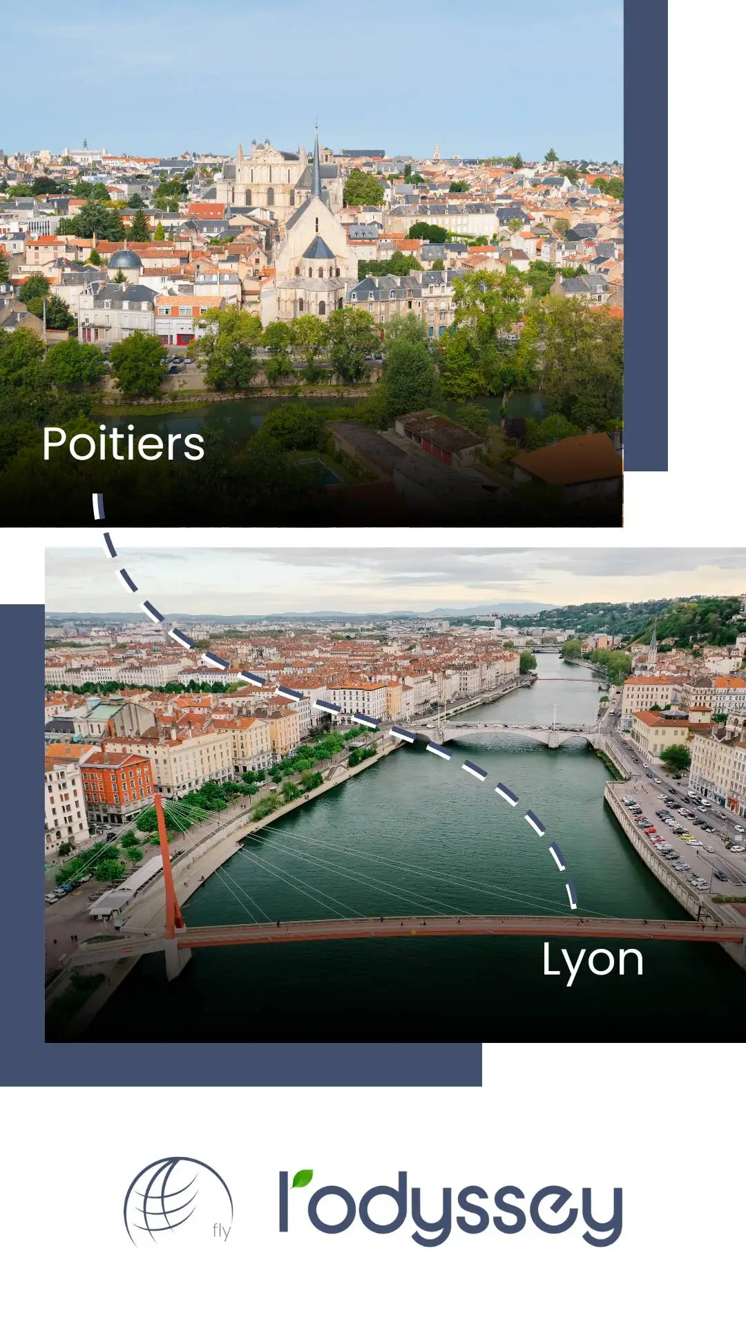 Visuel représentatif de Poitiers et Lyon avec une trajectoire d'avion reliant les deux